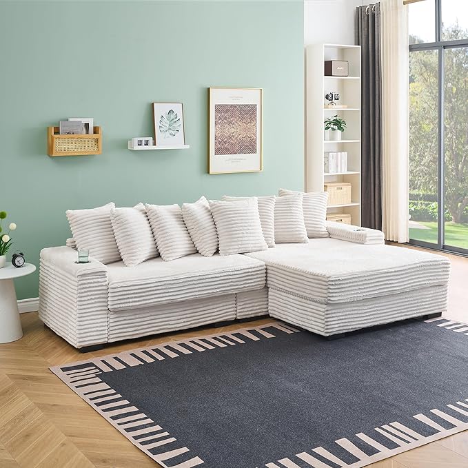 KEIKI 114" Corduroy Sofa with Cup Holders & Storage, L Shaped Sleeper Cloud - Image 6