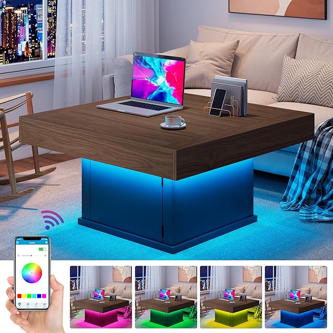 LED Coffee Tables for Living Room, Farmhouse Wood Coffee Table, 33.5" Square - Image 3