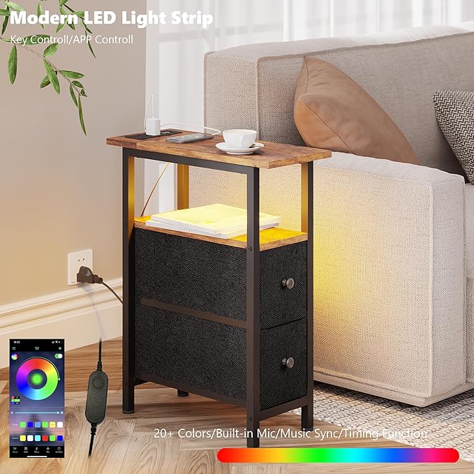 End Table Set 2 with Charging Station, Narrow Side Table with 2 Fabric Drawers - Image 4