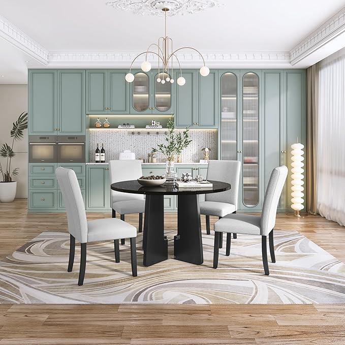 Merax 5-Piece Round Dining Table Set, Modern 4 Upholstered Chairs - Image 7