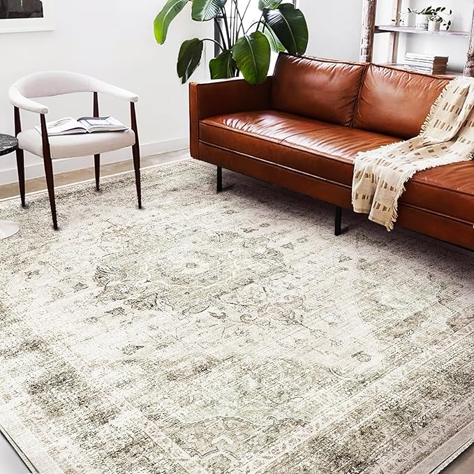 Washable Area Rug 8'x10' Retro Floral Khaki Boho Design Non-Shedding Non-Slip - Image 2