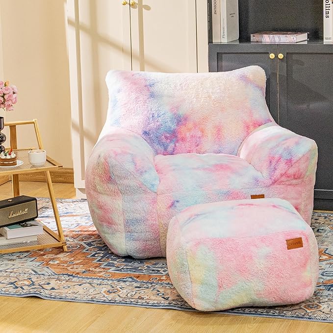 Bean Bag Chair, Sherpa Accent Beanbag Chair and Ottoman Set, Fur Faux BeanBag by Cvortll