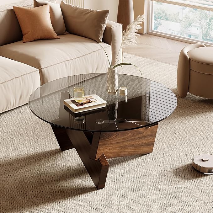 Honyee Morden Rounded Coffee Table, 30.7" x 30.7" x 16.1" Tempered Glass Top by Honyee
