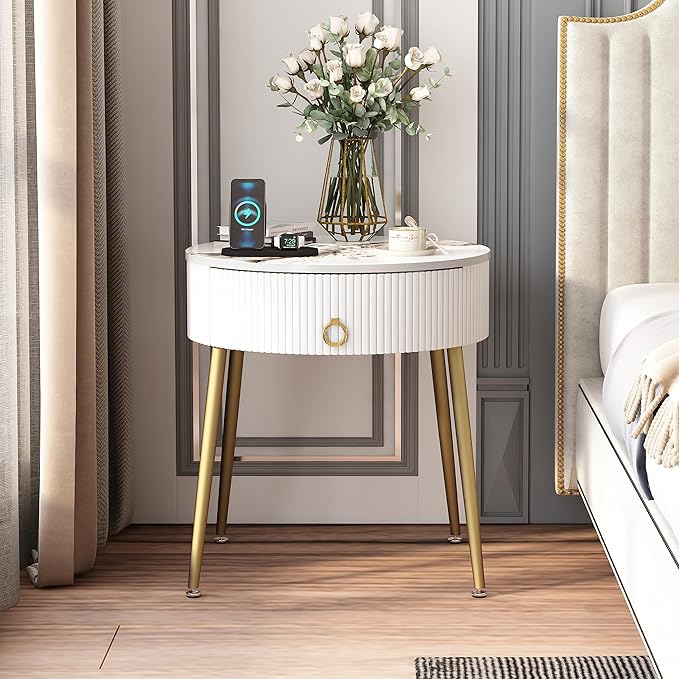 OIOG Round Nightstand with Drawer, Modern Side Table with Marbling Natural - Image 7
