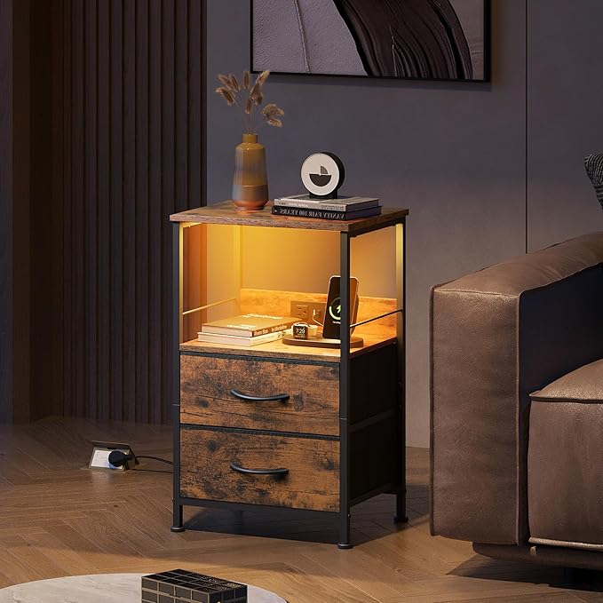 WLIVE Night Stand with Charging Station, LED Nightstand with 2 Fabric Drawers - Image 7