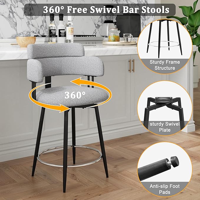 Swivel Bar Stools Set of 2, Counter Height Bar Stools - Image 5