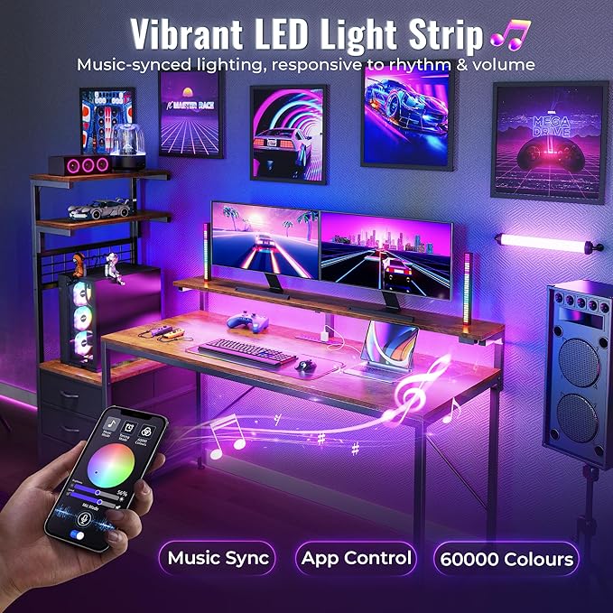 PRAISUN 61.7" Gaming Desk with LED Lights & Outlets, Computer Desk with 3 - Image 6