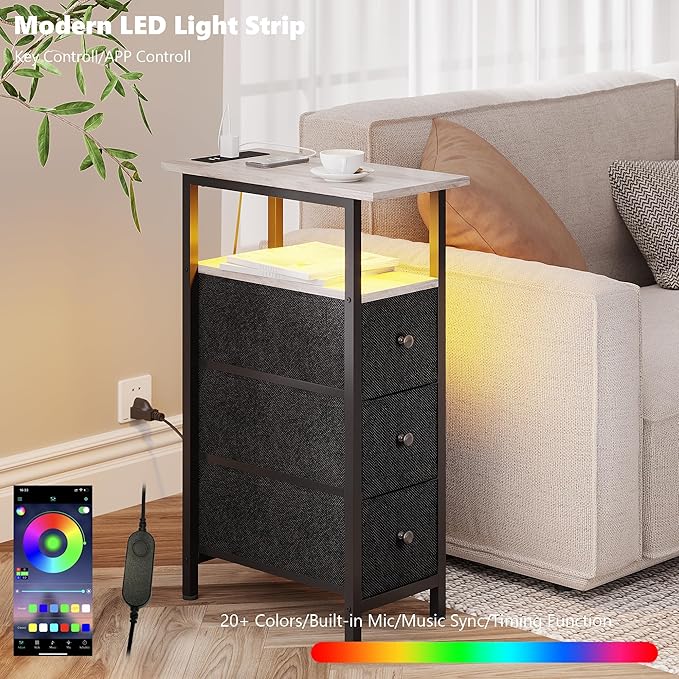 End Table with Charging Station, Narrow Side Table with 3 Fabric Drawers - Image 4