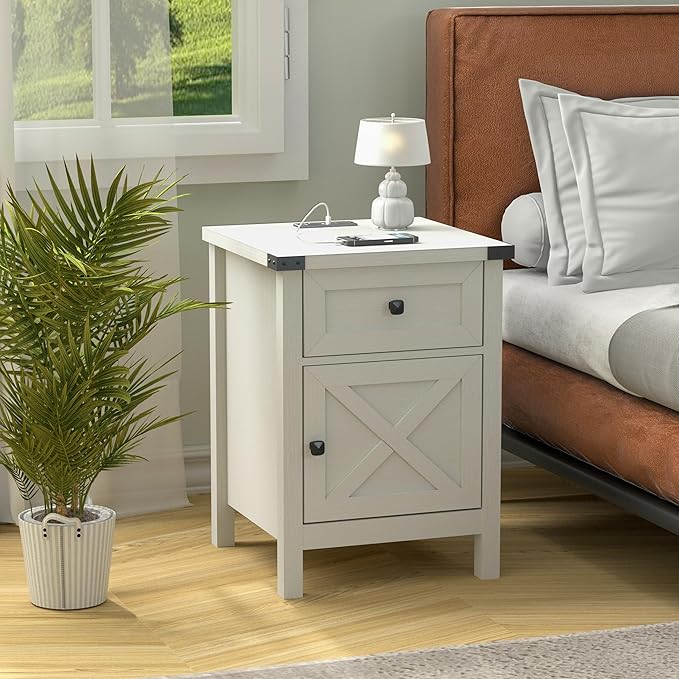 Farmhouse Nightstand with Charging Station, Rustic End Table with Barn Door and by HOME