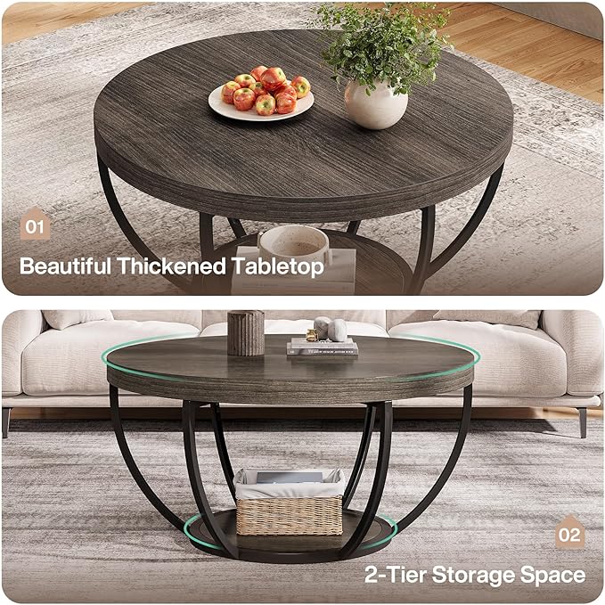 Tribesigns Round Coffee Table, 31.7" Wooden 2-Tier Circle Coffee Table - Image 6