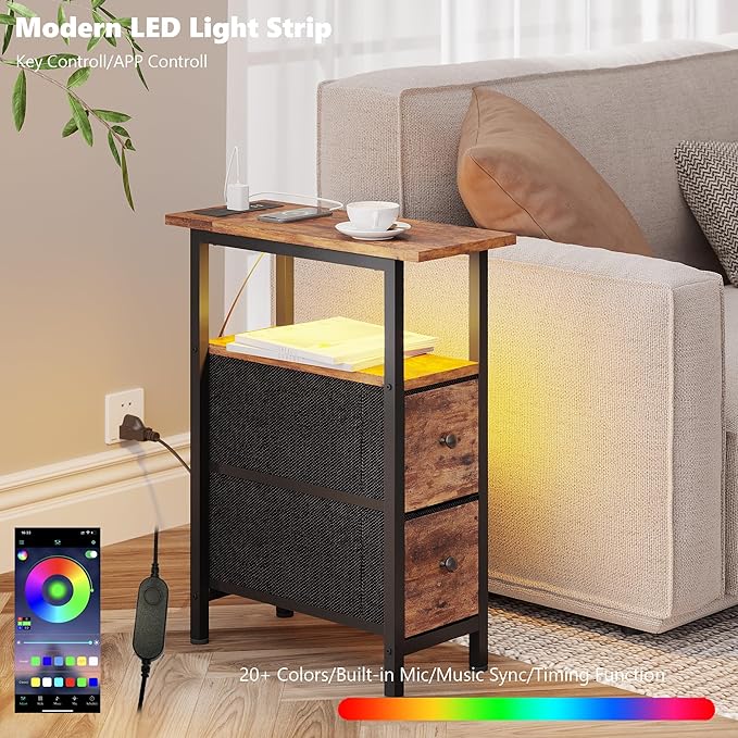 End Table Set 2 with Charging Station, Narrow Side Table with 2 Fabric Drawers - Image 4