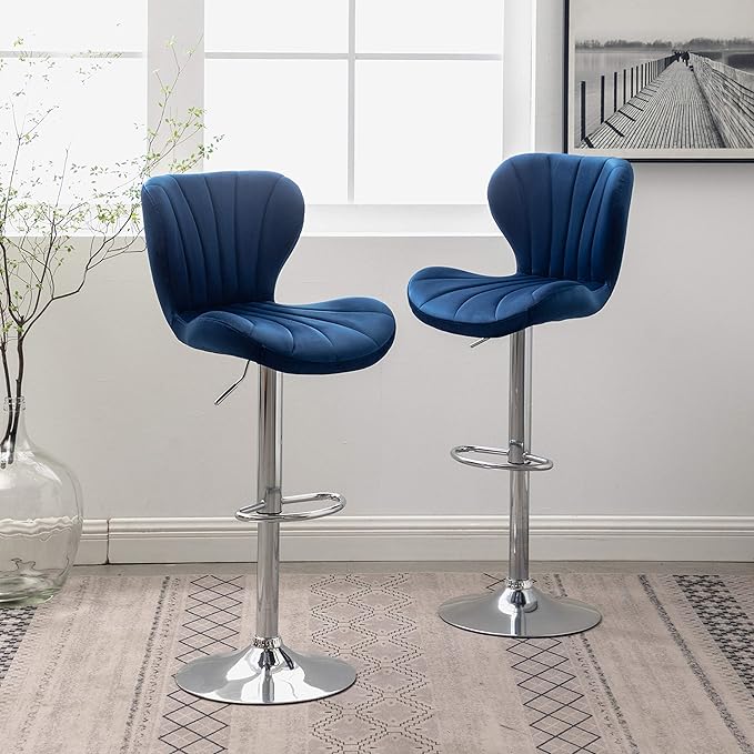 Roundhill Furniture Ellston Velvet Adjustable Swivel Barstools in Blue - Image 4