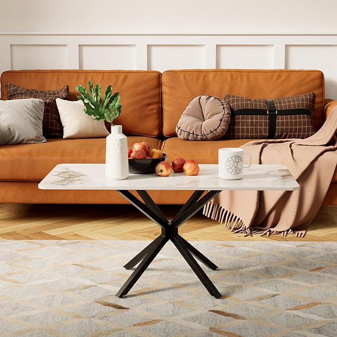 White Marble Coffee Table Modern Rectangular 40 Inch Living Room Table - Image 3