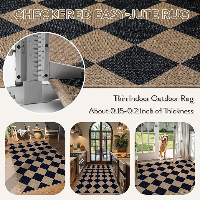 Lahome Checkered Easy Jute Entry Rug, 3x5 Black Outdoor Patio Rug - Image 3