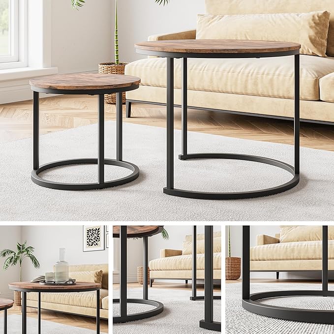 Round Coffee Table Set of 2 for Living Room, Nesting Tables Metal Frame/Wood - Image 6