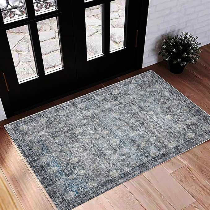 Washable Area Rug 2'x3' Door Mat Vintage Distressed Doormat Indoor Entrance by CHAMPLANT
