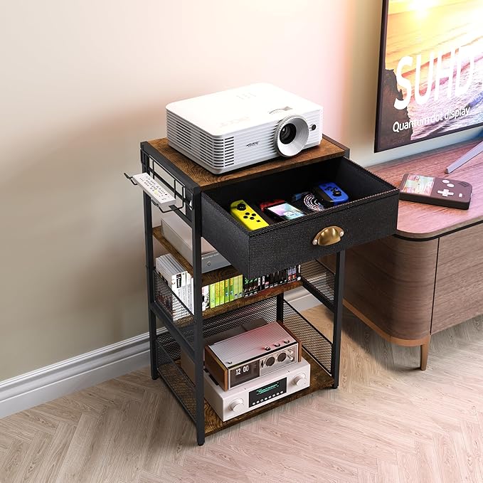 4-Tier AV Media Stand with Drawer, Video Game Console Shelf with 2 Hooks - Image 7