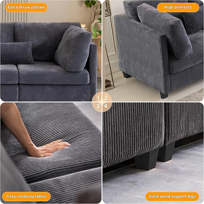126" Convertible L-Shaped Modular Sectional Sofa, 4 Seater Corduroy Upholstered - Image 6