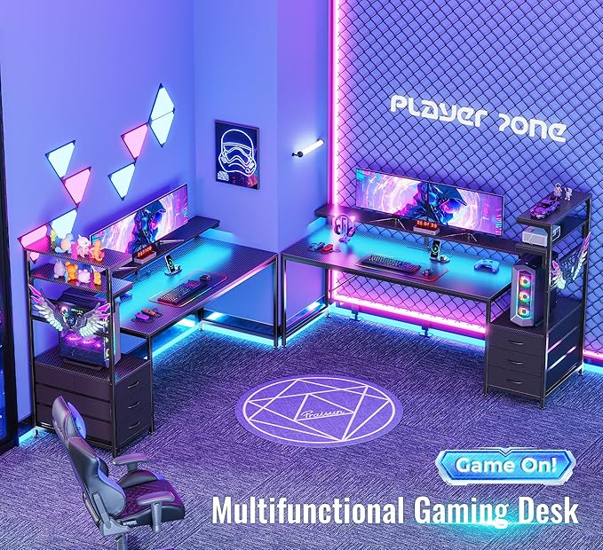 PRAISUN 68" Gaming Desk with LED Lights & Outlets, Computer Desk with 3 Fabric - Image 3