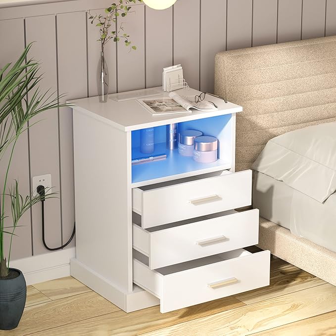 Nightstand with Charging Station, LED Lights Side Table with 3 Drawers - Image 2