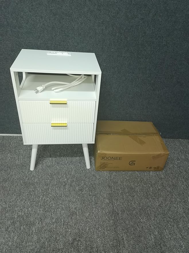 White Nightstand with Charging Station and LED Lights, Modern Bedside Table - Image 7