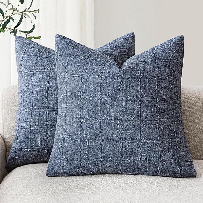 Foindtower Set of 2 Decorative Linen Check Throw Pillow Covers Neutral by Foindtower