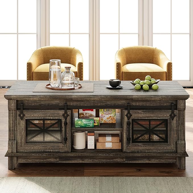 IRONCK 48'' Coffee Table with Sliding Barn Doors, Rustic Center Table with 6 - Image 8