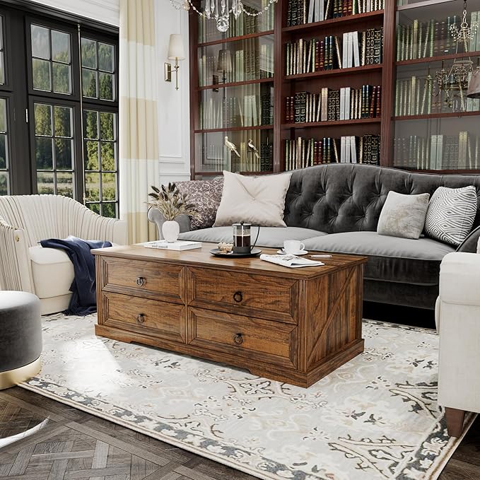 Rustic Coffee Table with Drawers 47 inch Living Room Tables with Storage - Image 9