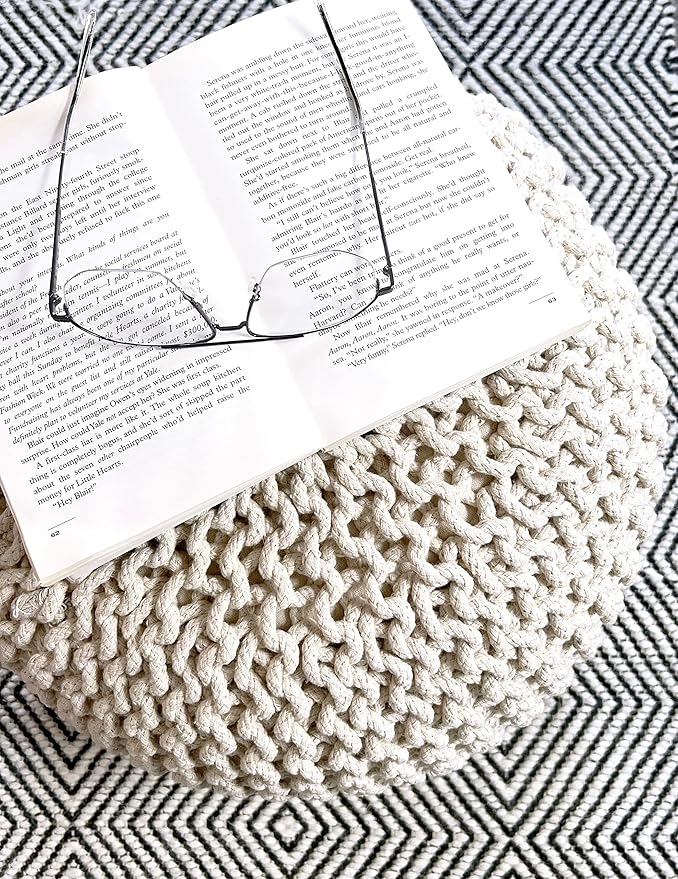 FRELISH DECOR Round Pouf Ottoman Hand Knitted 100% Cotton Pouf Foot Stool - Image 8