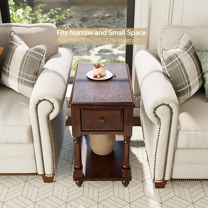 Narrow End Table with Drawer and Storage Shelf, Solid Wood Sofa Side Tables - Image 3
