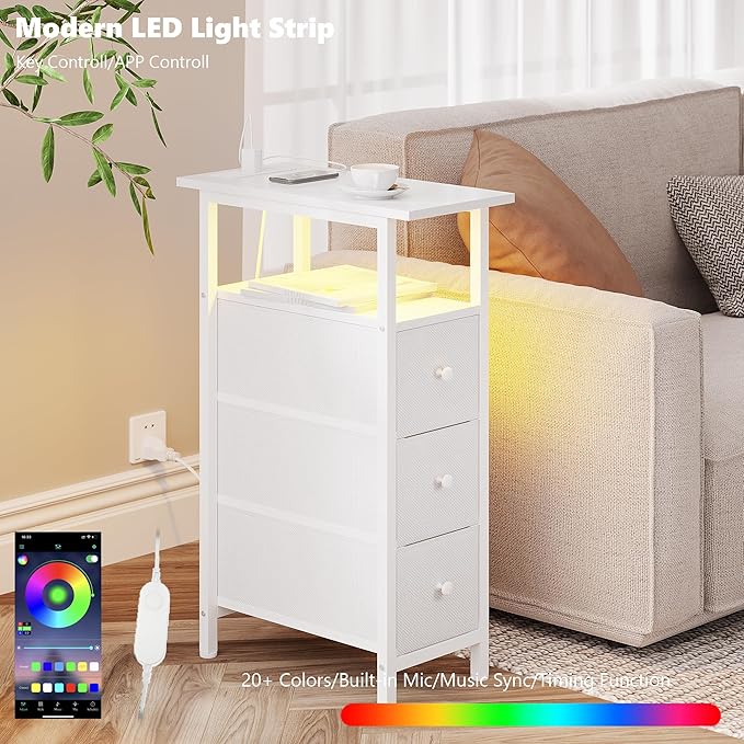 End Table with Charging Station, Narrow Side Table with 3 Fabric Drawers - Image 4