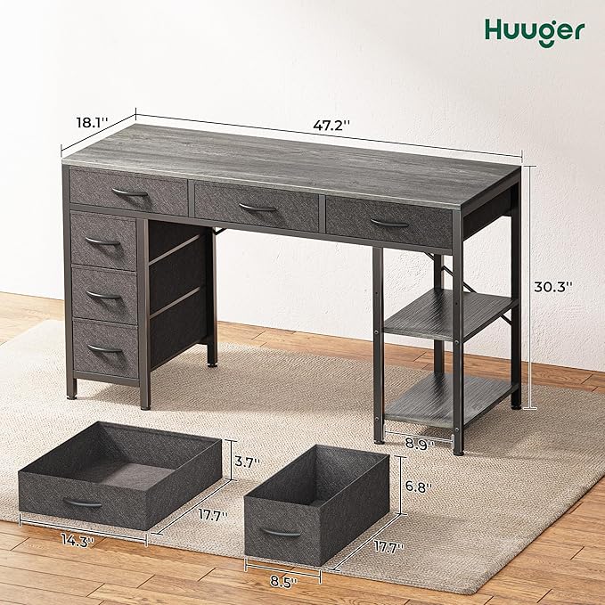 Huuger Computer Desk with 6 Drawers, 47 Inch Office Desk with Shelves, - Image 3