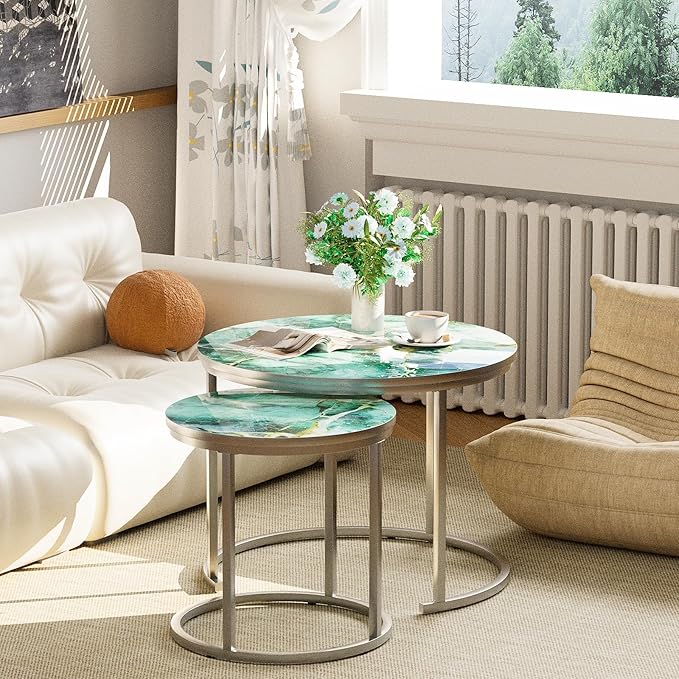aboxoo Coffee Table Nesting Side Round Set of 2 End Table Green Art Table Top - Image 5