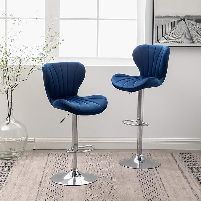 Roundhill Furniture Ellston Velvet Adjustable Swivel Barstools in Blue by RoundhillFurniture