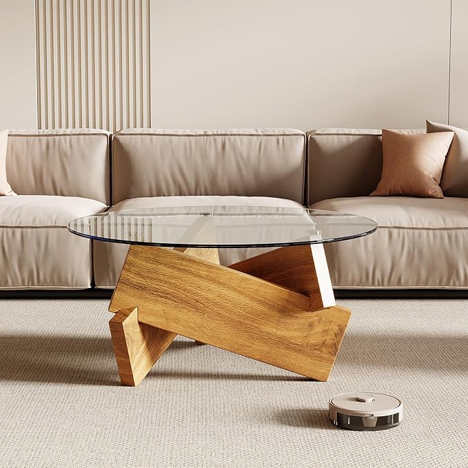 Honyee Morden Rounded Coffee Table, 30.7" x 30.7" x 16.1" Tempered Glass Top - Image 5