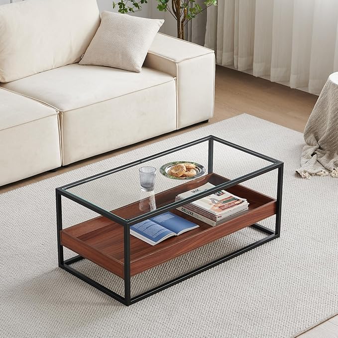 Shrine Glass Coffee Table, Glass and Wood Coffee Table, 39.2" D x 19.5" W x - Image 3