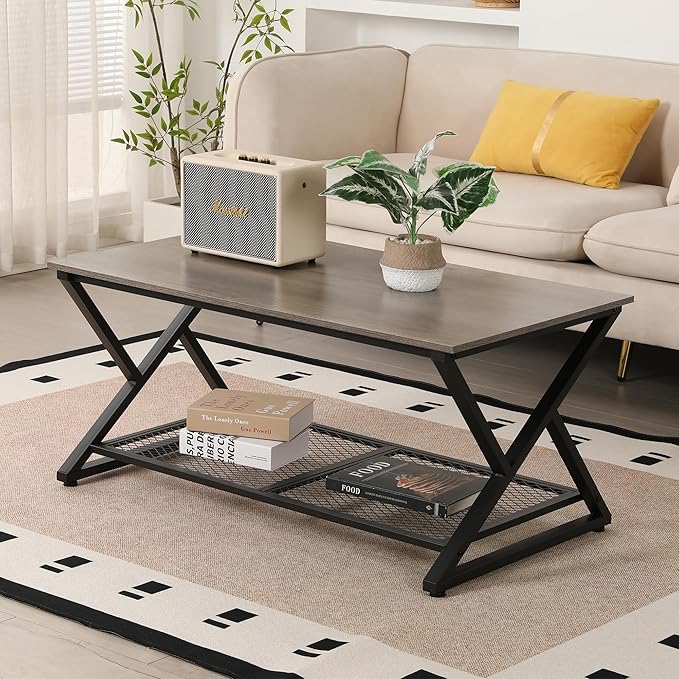 SENIG Coffee Table with Storage Shelf, Industrial Metal Wood Living Room Tables - Image 7