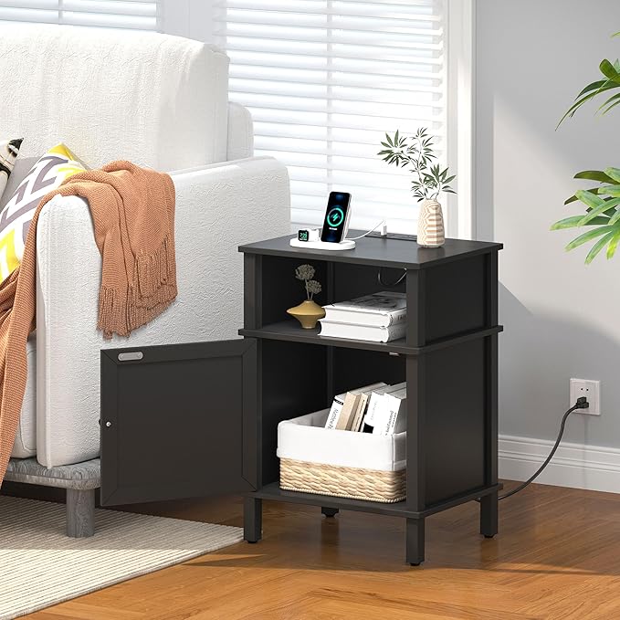 Nightstand with Charging Station, Farmhouse Nightstand, end Table with 2 Tiers - Image 6