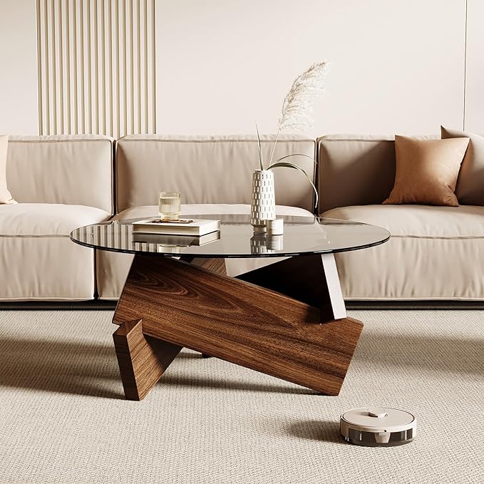Honyee Morden Rounded Coffee Table, 30.7" x 30.7" x 16.1" Tempered Glass Top - Image 3