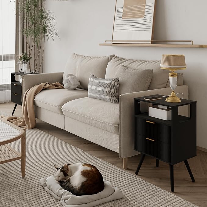 Black Nightstand with Charging Station and LED Lights, Modern Bedside Table - Image 3