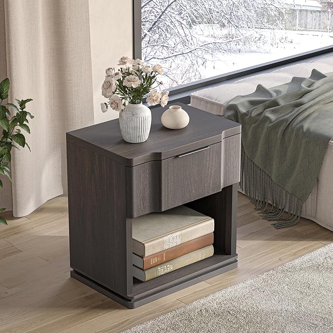 Nightstand with Charging Station, Wooden Curved Night Stand Bedside Tables with - Image 6