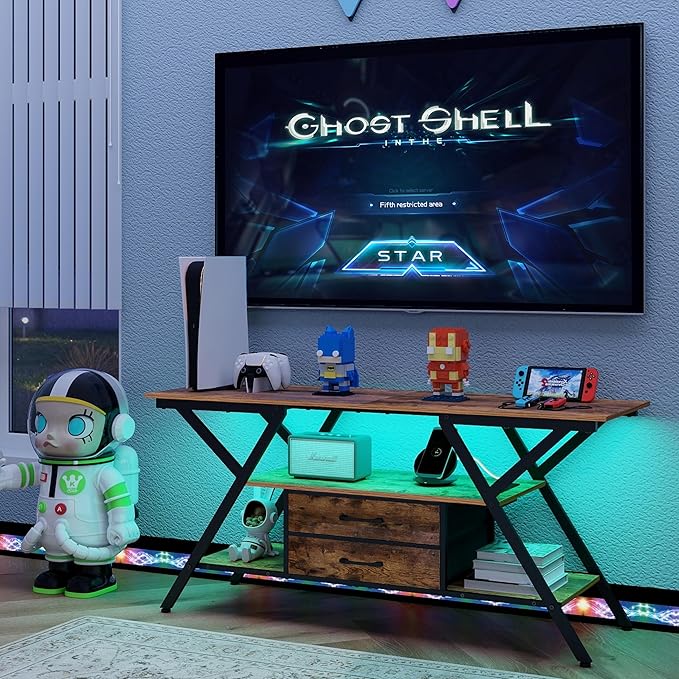 TV Stand with Power Outlet and LED Lights, Fits TVs up to 65”, 2 Fabric Drawers - Image 3