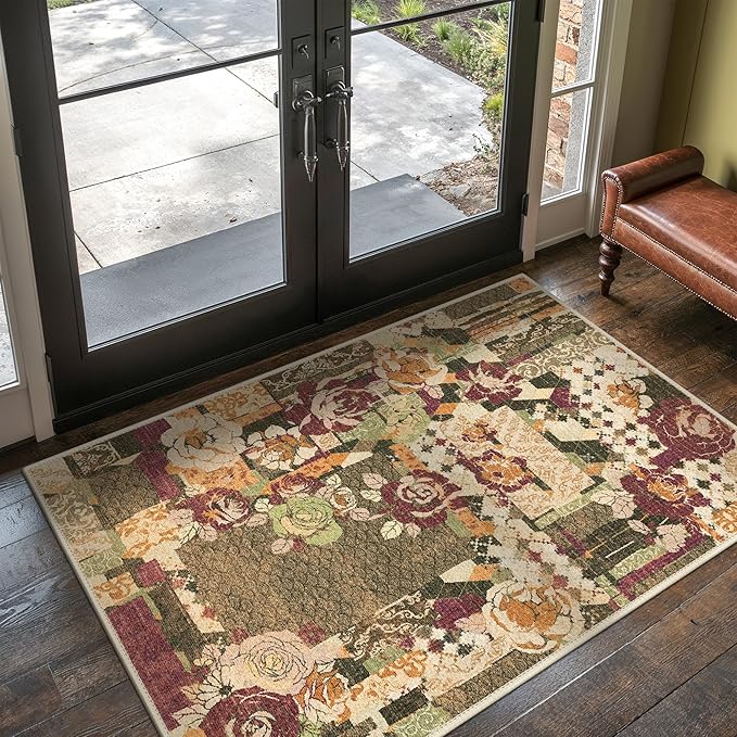 GENIMO Area Rug 2x3 Doormat, Machine Washable Low Pile Rugs, Small Floral by GENIMO