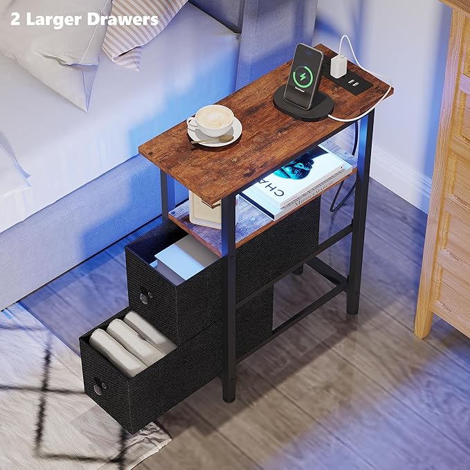 End Table Set 2 with Charging Station, Narrow Side Table with 2 Fabric Drawers - Image 6