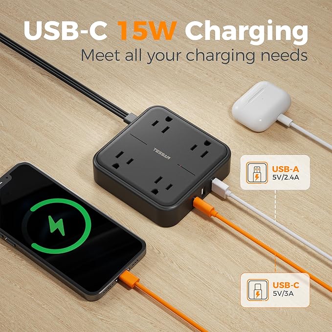 Surge Protector Flat Extension Cord 10FT, TESSAN Flat Plug Power Strip - Image 3