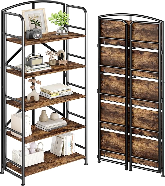 No-Assembly Folding Gold Bookshelf Storage Shelves 5 Tiers Vintage by THKKYHomeOfficeFurniture