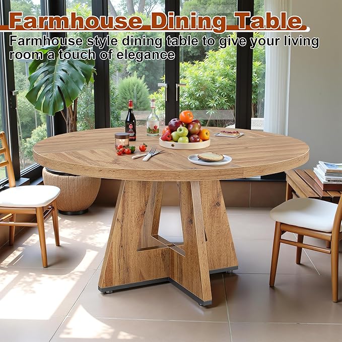 Round Dining Table for 4, 47 Inch Dinner Table Farmhouse Wooden Circle Kitchen - Image 4