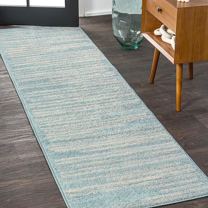 JONATHAN Y Khalil Modern Berber Stripe Turquoise/Cream Runner Rug, Contemporary by JONATHANY