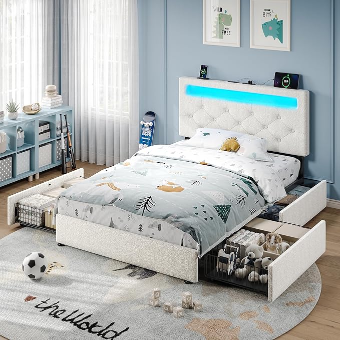 Rolanstar Twin Bed Frame with 4 Storage Drawers and Charging Station, Twin Bed - Image 2