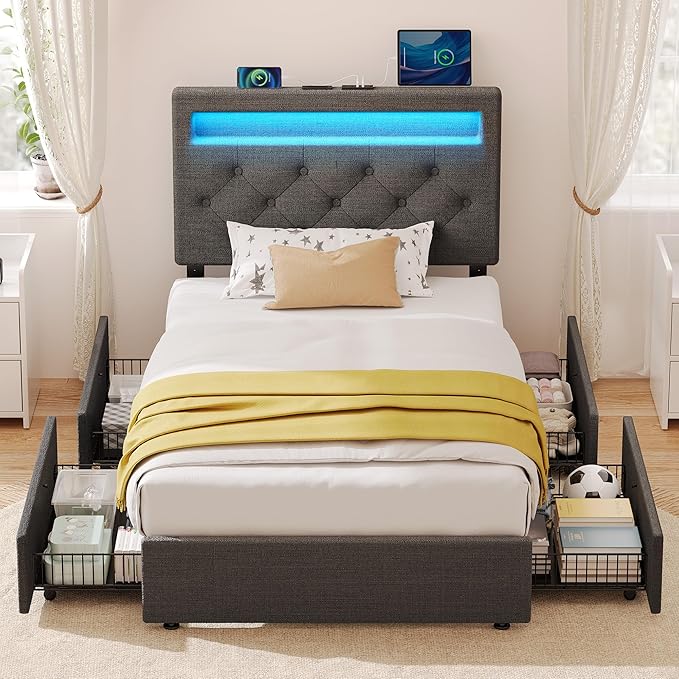 Rolanstar Twin Bed Frame with 4 Storage Drawers and Charging Station, Twin Bed - Image 9